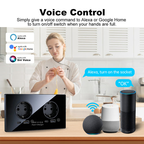 Tuya Wi-Fi EU Dual Wall Socket with USB-C & USB Charging