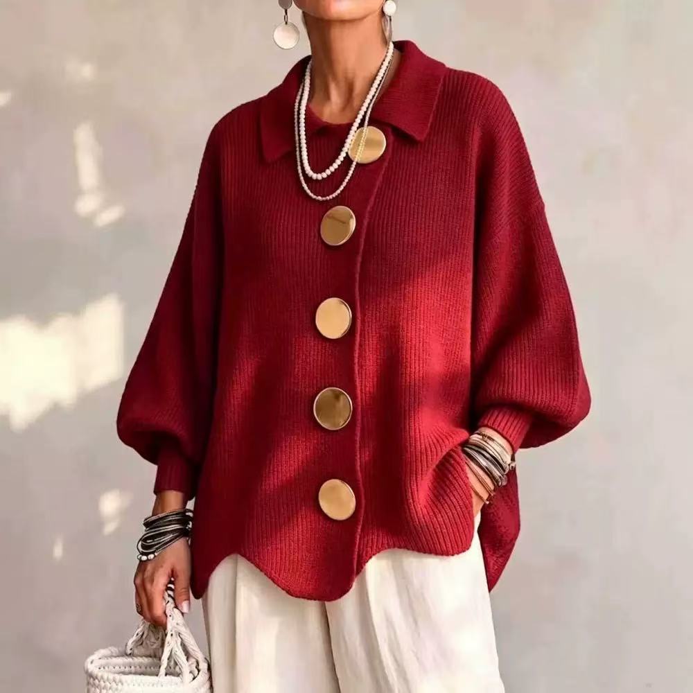 Women's Relaxed-Fit Long-Sleeve Knit Sweater with Button Detail — QIUOLA | qiuola.com