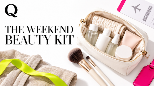 QIUOLA editorial flat lay of a travel beauty pouch, small bottles and makeup brushes with lime and pink accents.