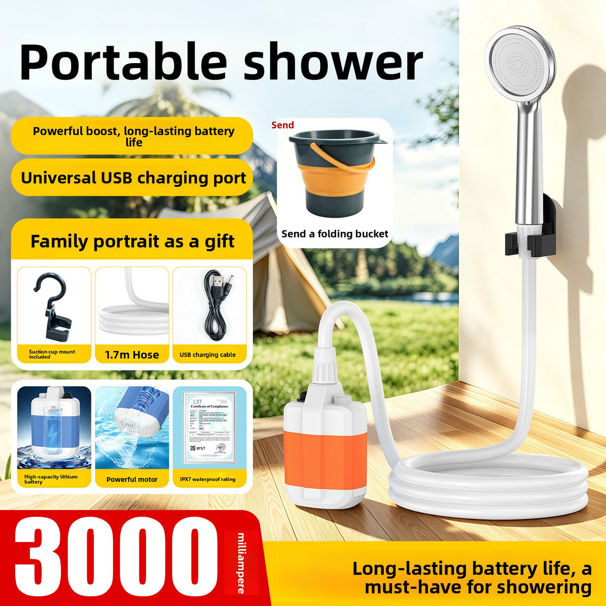 Rechargeable Portable Camping Shower with 1.7 m Hose