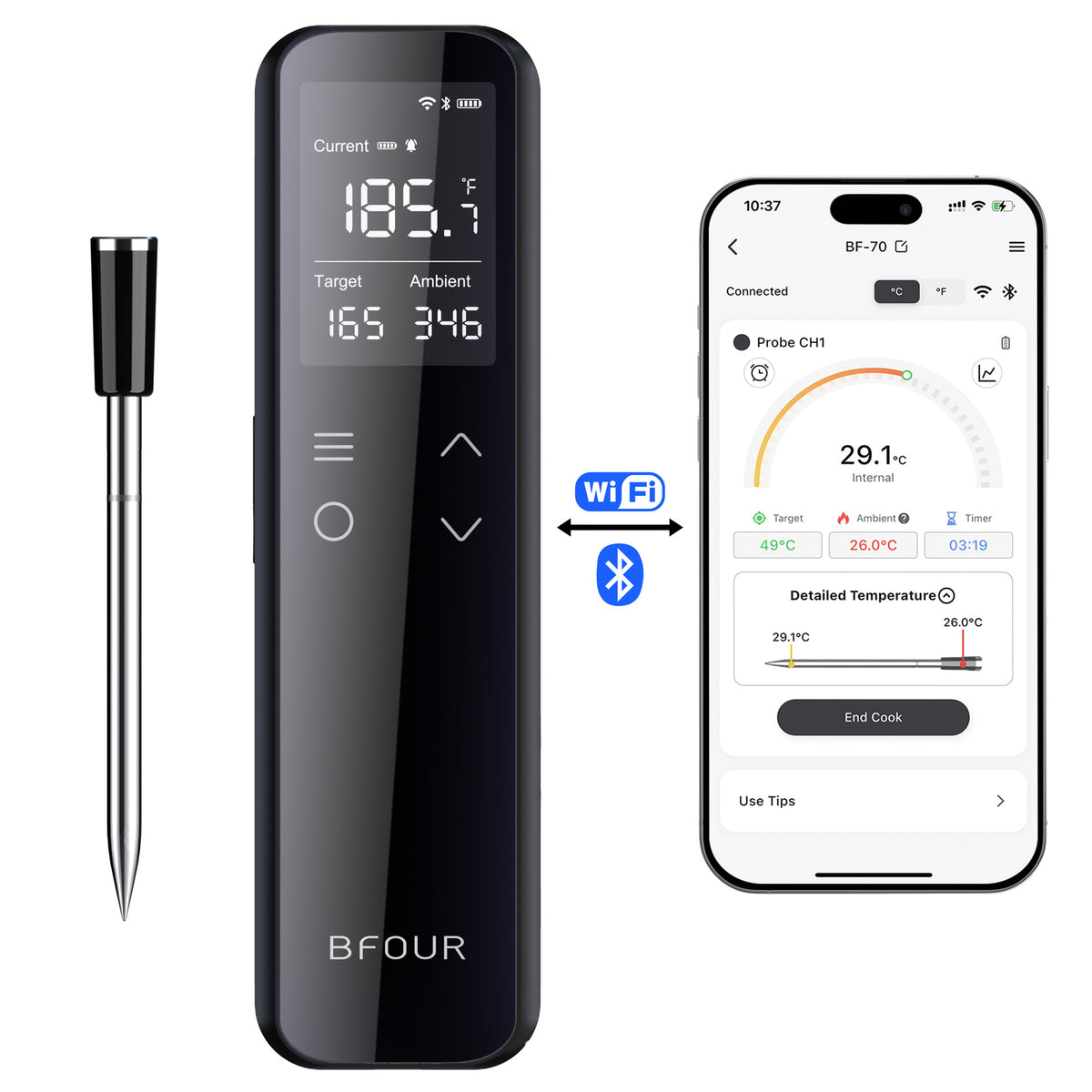 Wireless Food Thermometer with Bluetooth & WiFi Monitoring