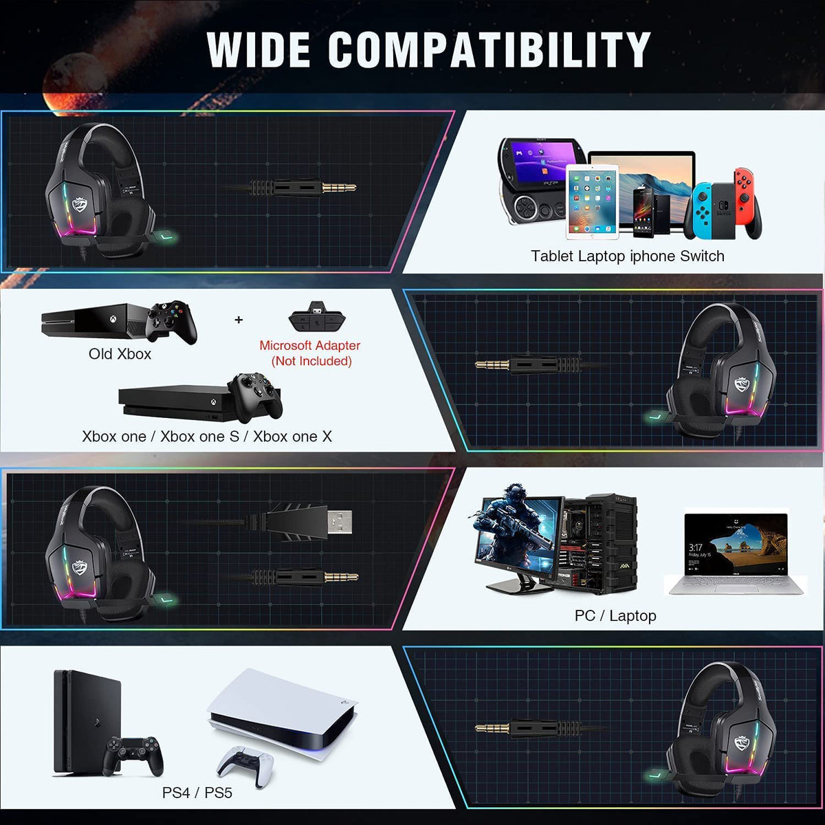S12 Wired RGB Gaming Headset with 50mm Drivers & Microphone