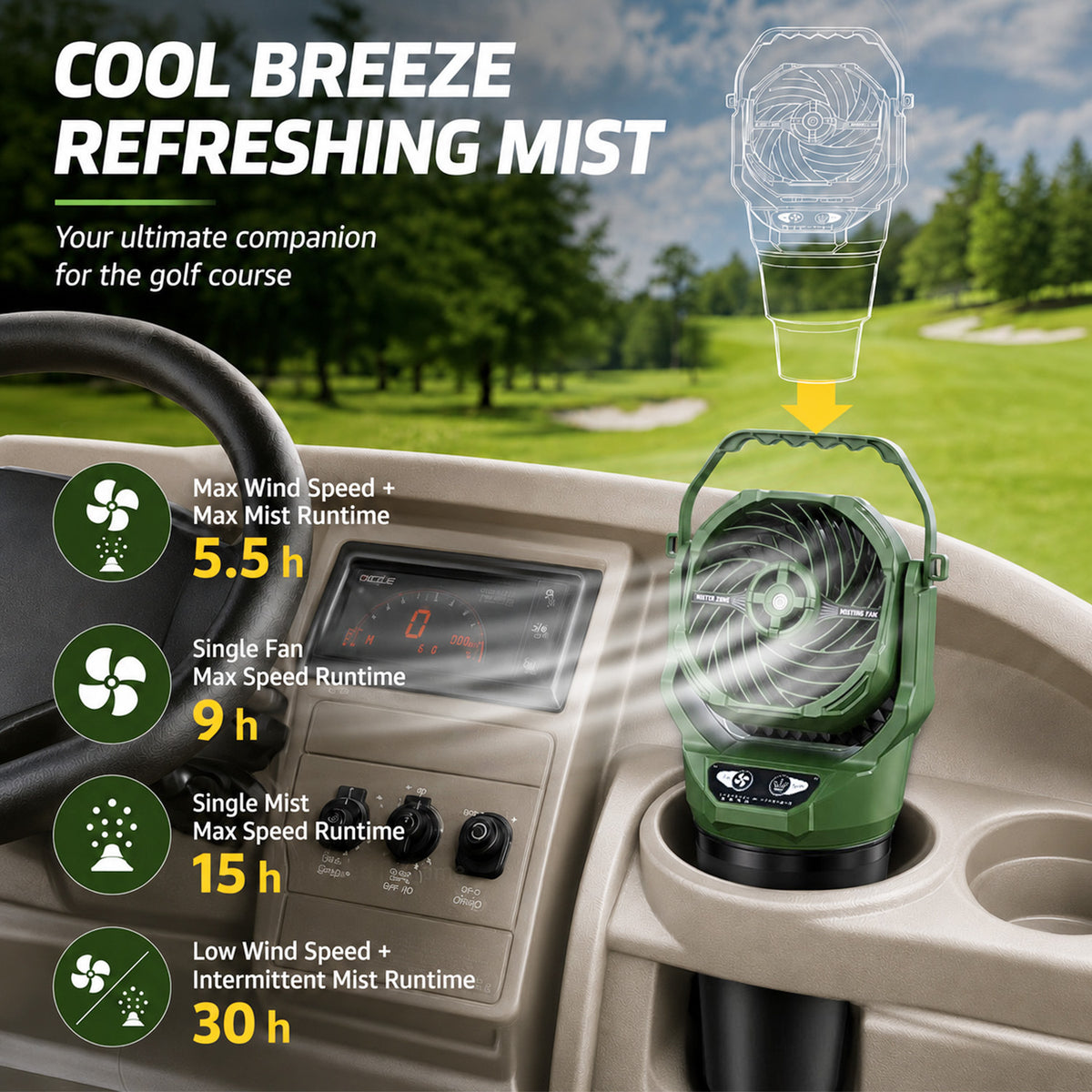 Rechargeable Camping Fan with Mist, Light & Remote Control