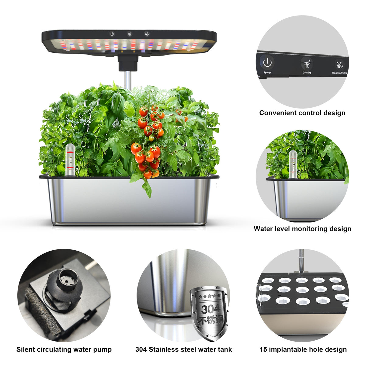 15-Pod Indoor Hydroponic Growing System with 24W LED Light