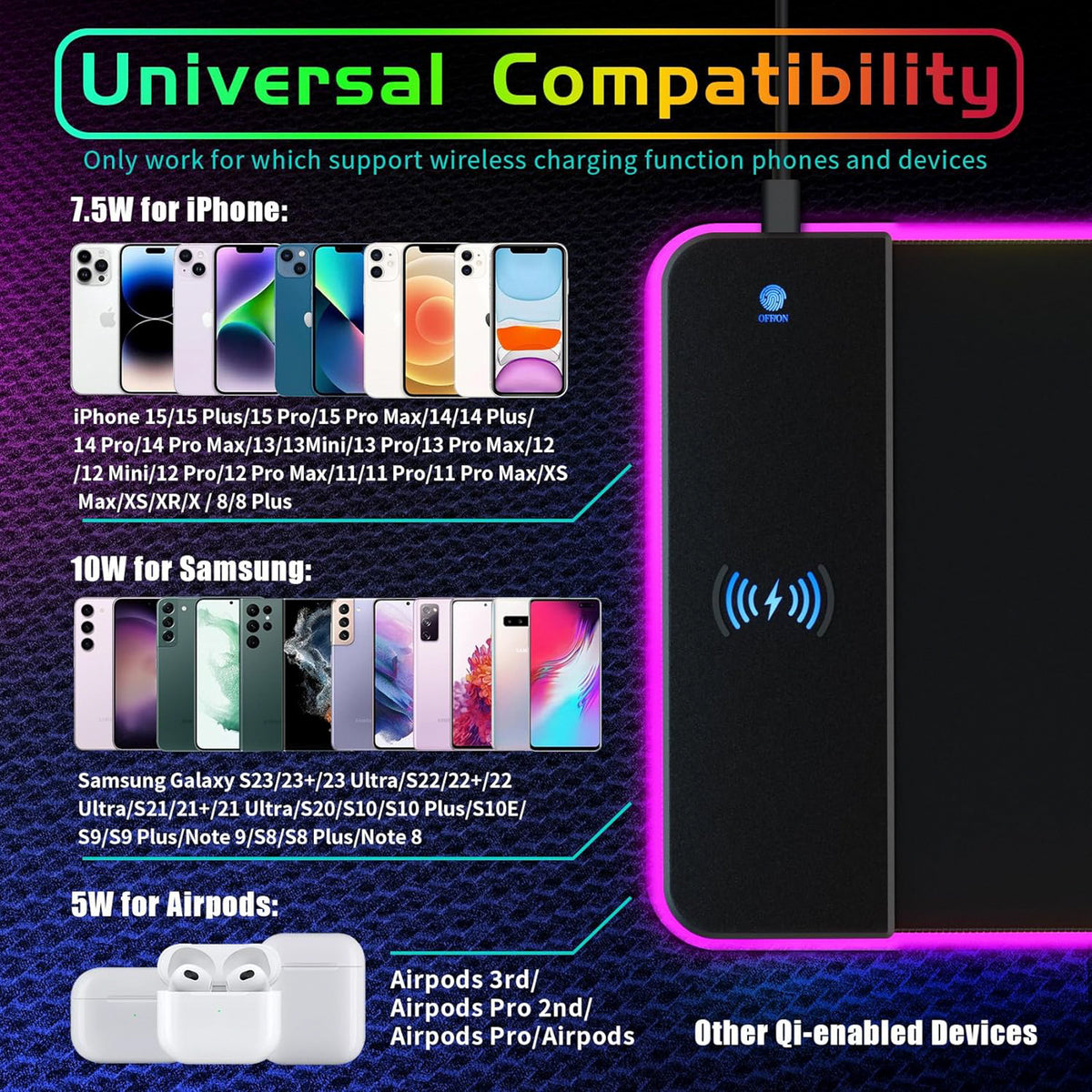RGB Gaming Mouse Pad with 15W Wireless Charging – 800 × 300mm