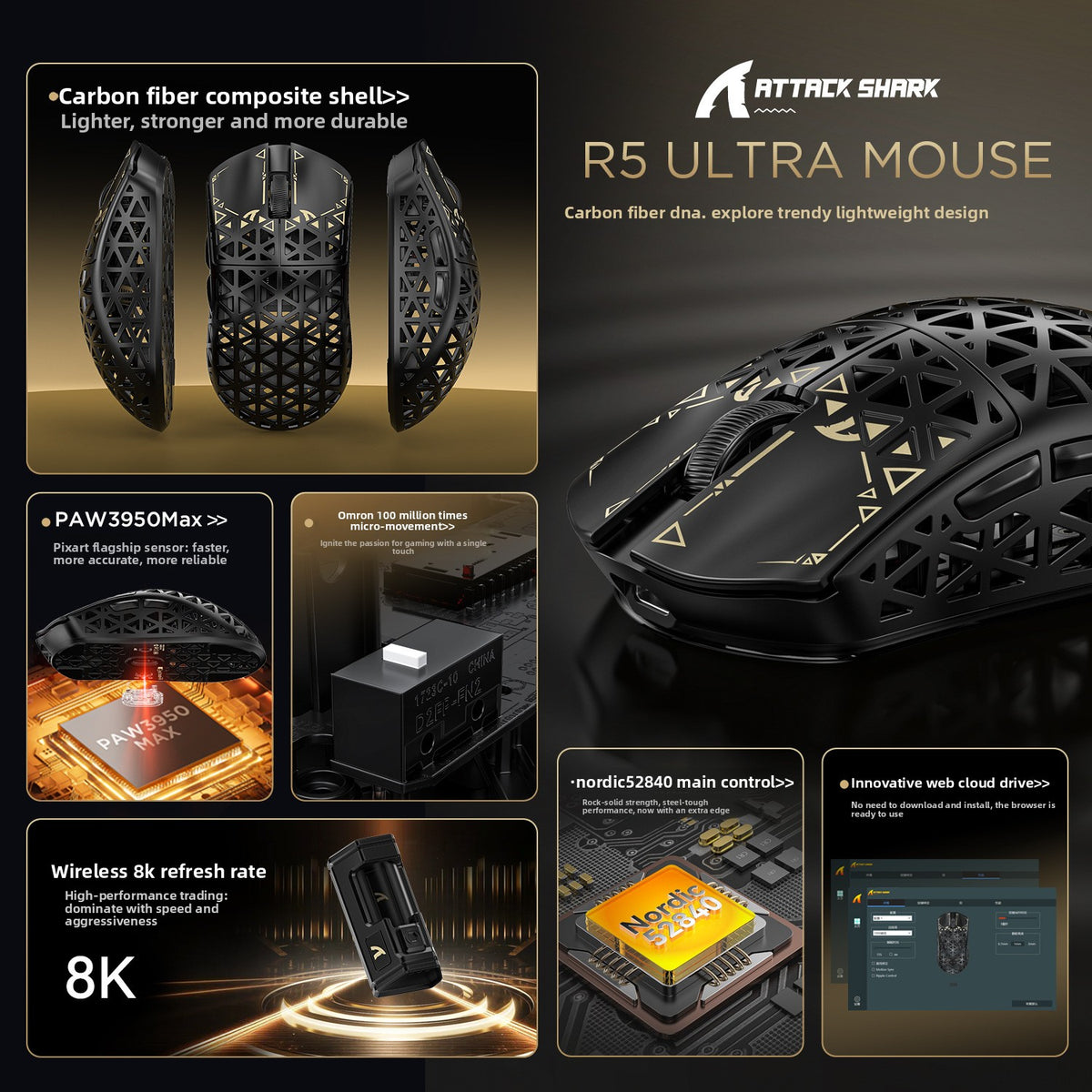 ATTACK SHARK R5 Ultra Tri-Mode Carbon-Fibre Gaming Mouse