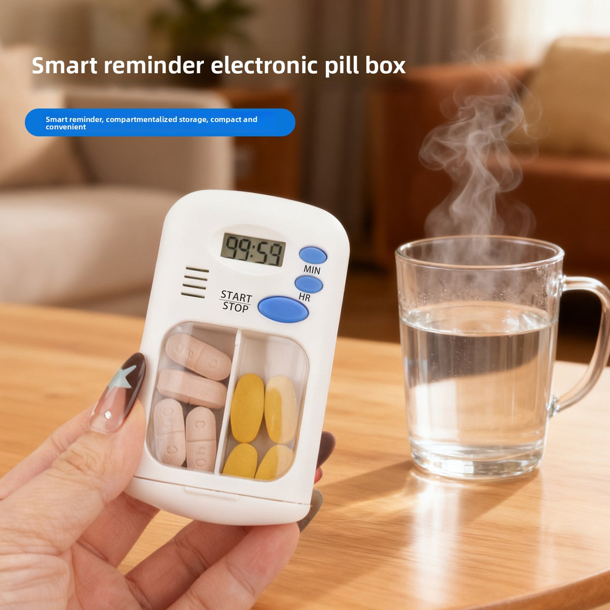 Portable Pill Organiser with Timer Reminder – White