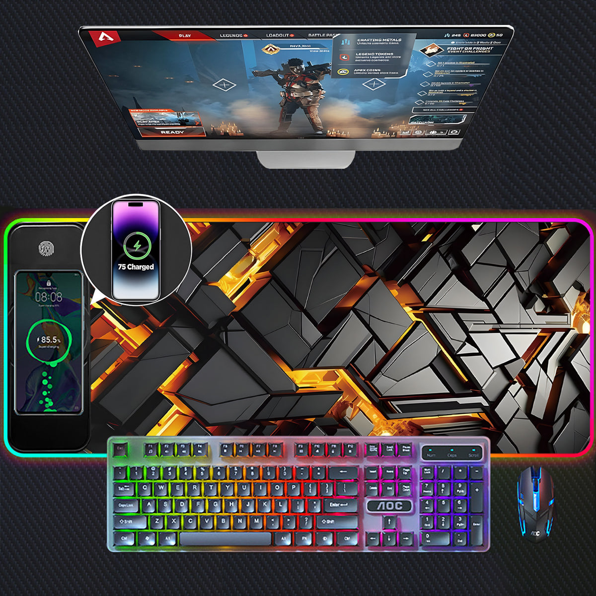 RGB Gaming Mouse Pad with 15W Wireless Charging – 800 × 300mm