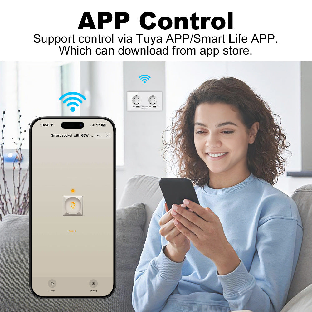 Tuya Wi-Fi EU Dual Wall Socket with USB-C & USB Charging
