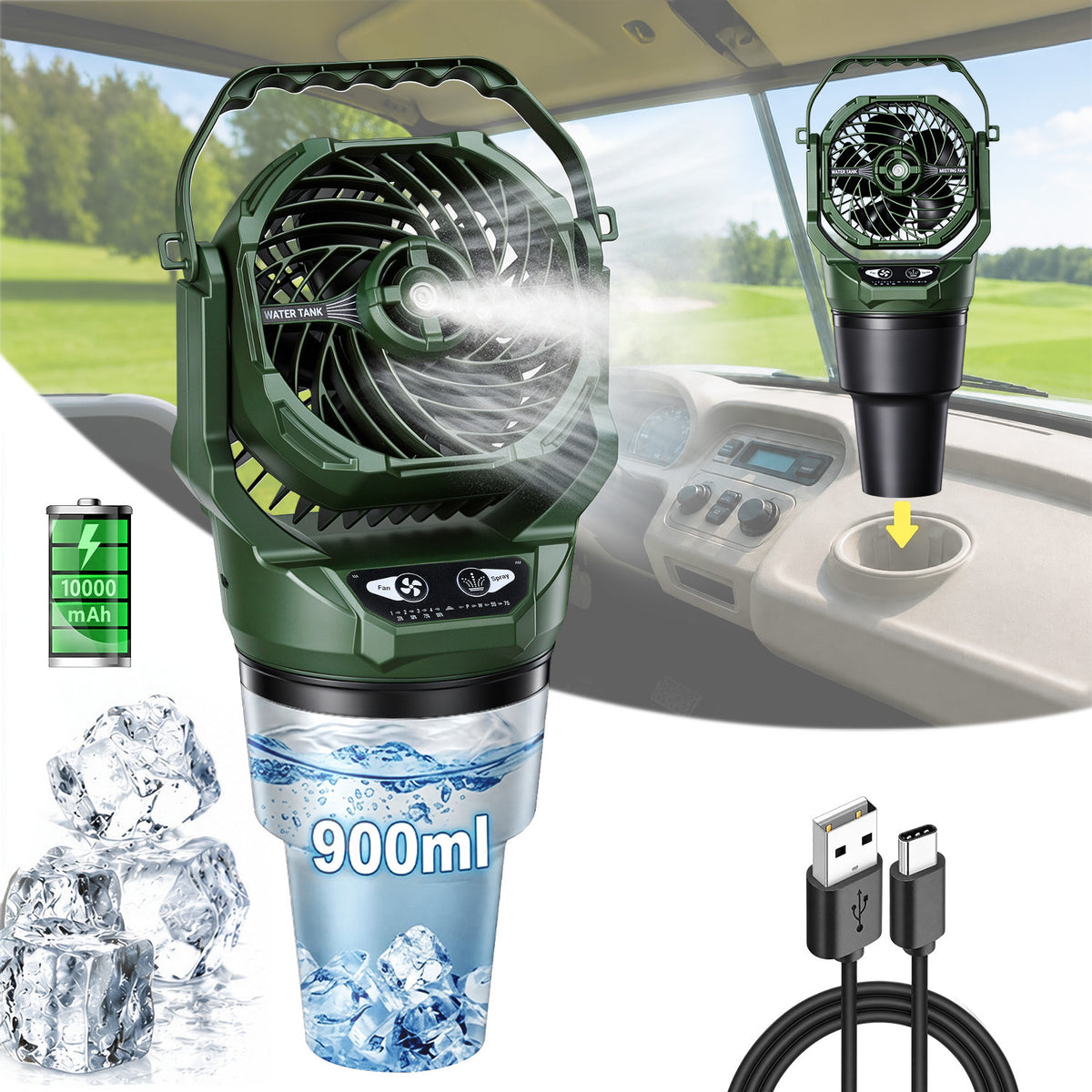 Rechargeable Camping Fan with Mist, Light & Remote Control