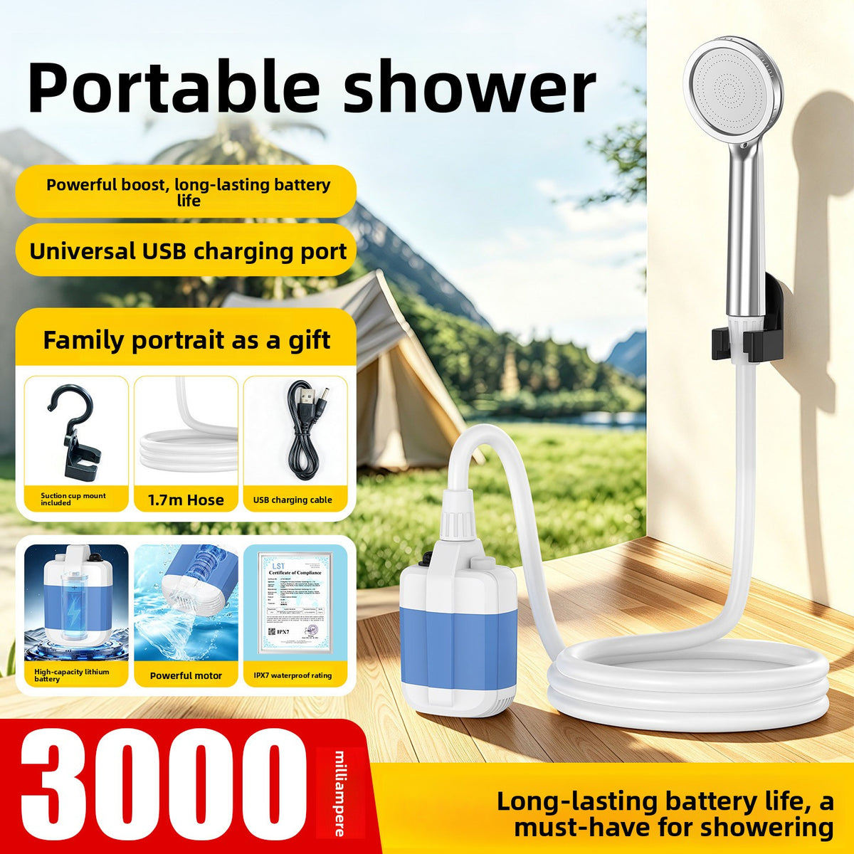 Rechargeable Portable Camping Shower with 1.7 m Hose