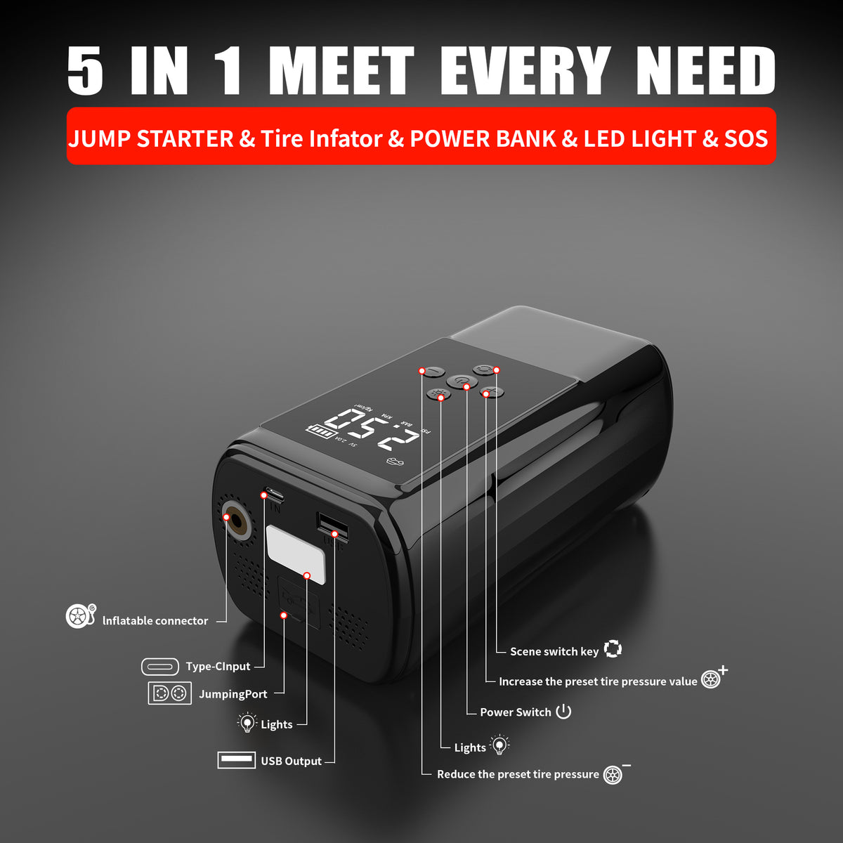 Portable 12V Car Jump Starter & Tyre Inflator — QIUOLA | qiuola.com