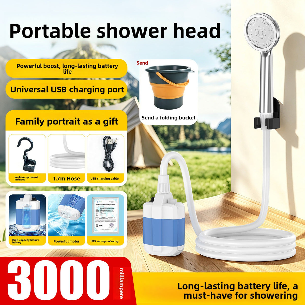 Rechargeable Portable Camping Shower with 1.7 m Hose