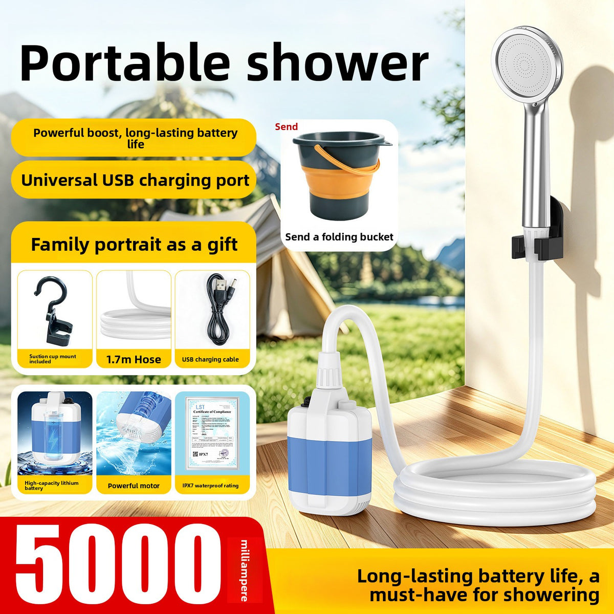 Rechargeable Portable Camping Shower with 1.7 m Hose