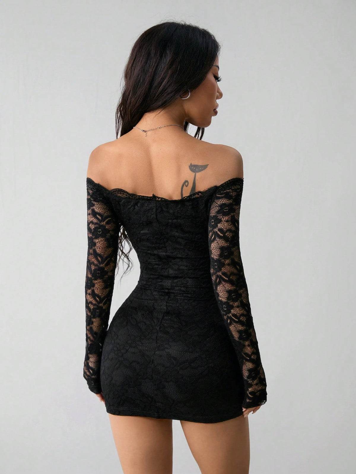 Black Off-Shoulder Lace Mini Dress with Long Sleeves — QIUOLA | qiuola.com