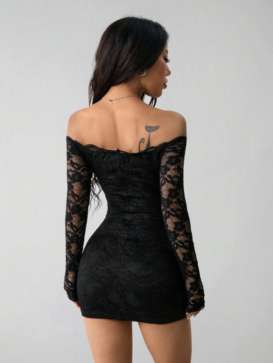 Black Off-Shoulder Lace Mini Dress with Long Sleeves — QIUOLA | qiuola.com