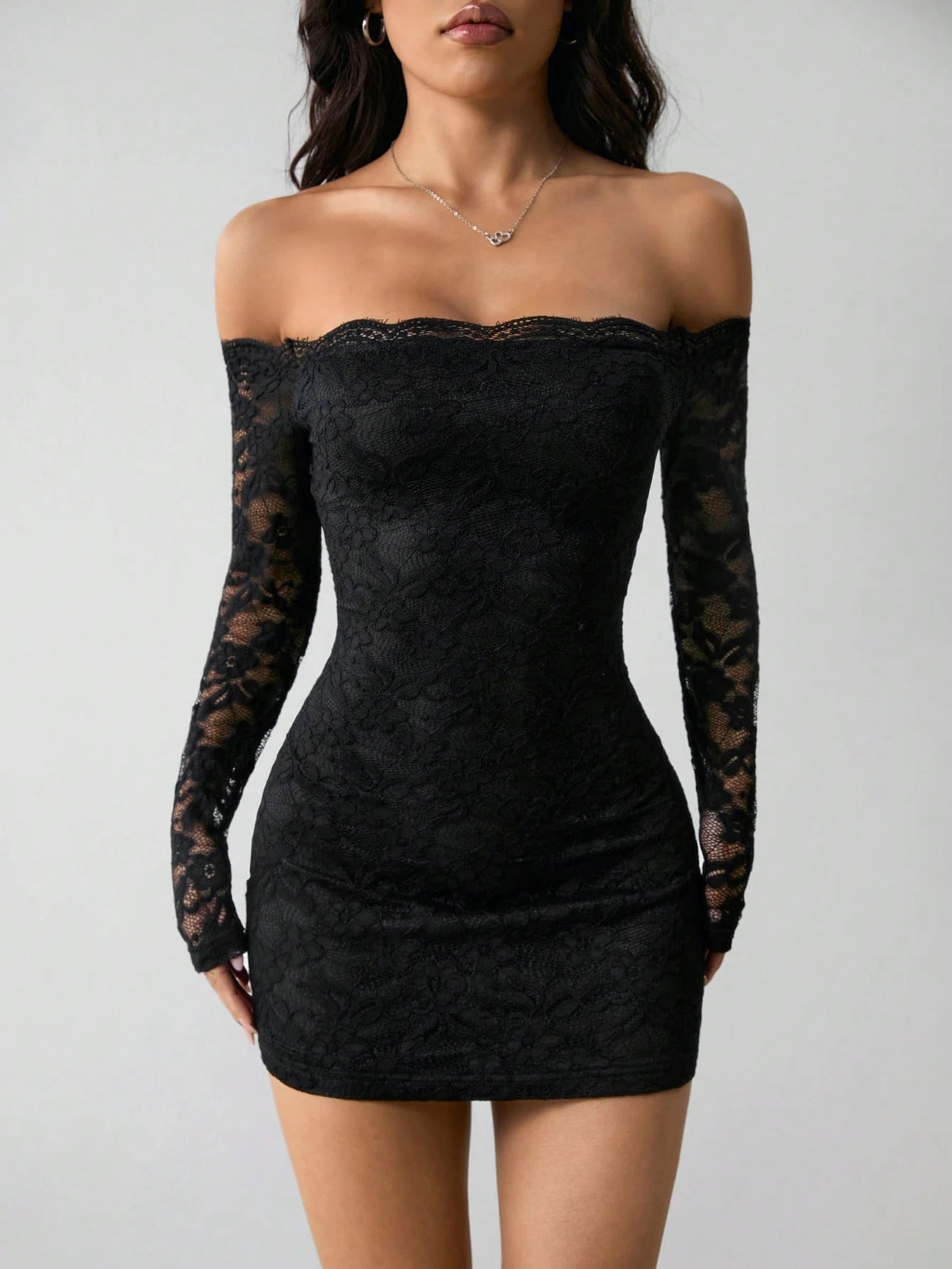 Black Off-Shoulder Lace Mini Dress with Long Sleeves — QIUOLA | qiuola.com