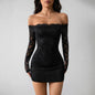 Black Off-Shoulder Lace Mini Dress with Long Sleeves — QIUOLA | qiuola.com