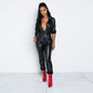 Women's Black Faux-Leather Lapel Jumpsuit — QIUOLA | qiuola.com