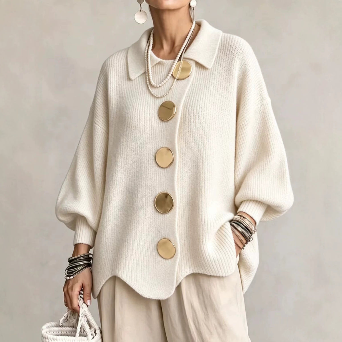 Women's Relaxed-Fit Long-Sleeve Knit Sweater with Button Detail — QIUOLA | qiuola.com