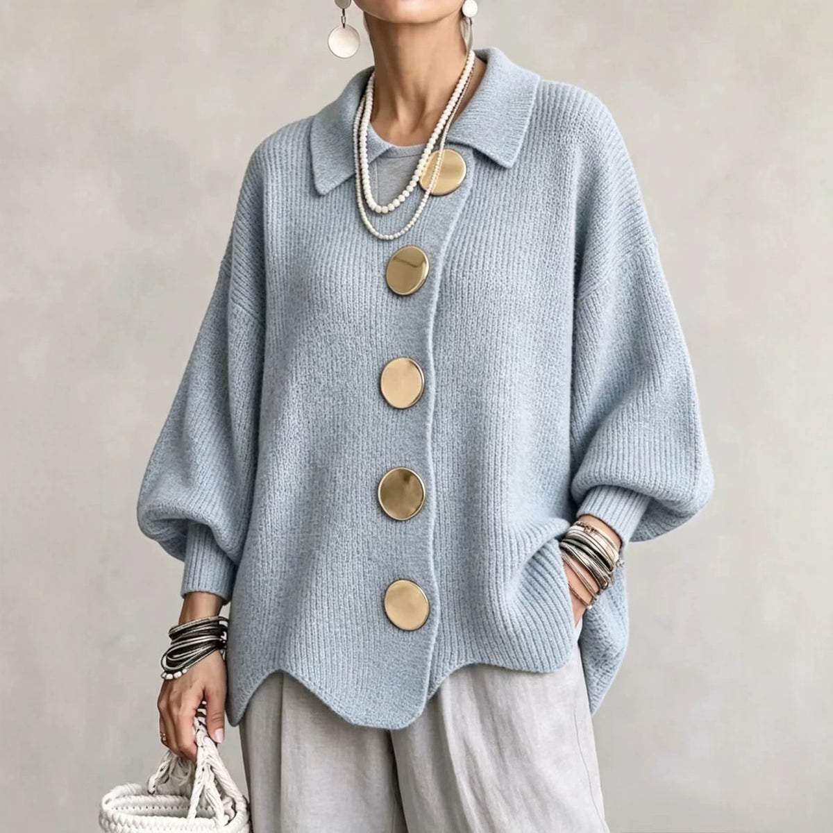 Women's Relaxed-Fit Long-Sleeve Knit Sweater with Button Detail — QIUOLA | qiuola.com