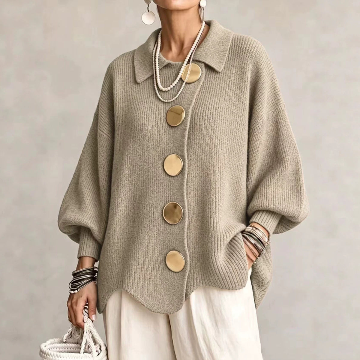 Women's Relaxed-Fit Long-Sleeve Knit Sweater with Button Detail — QIUOLA | qiuola.com