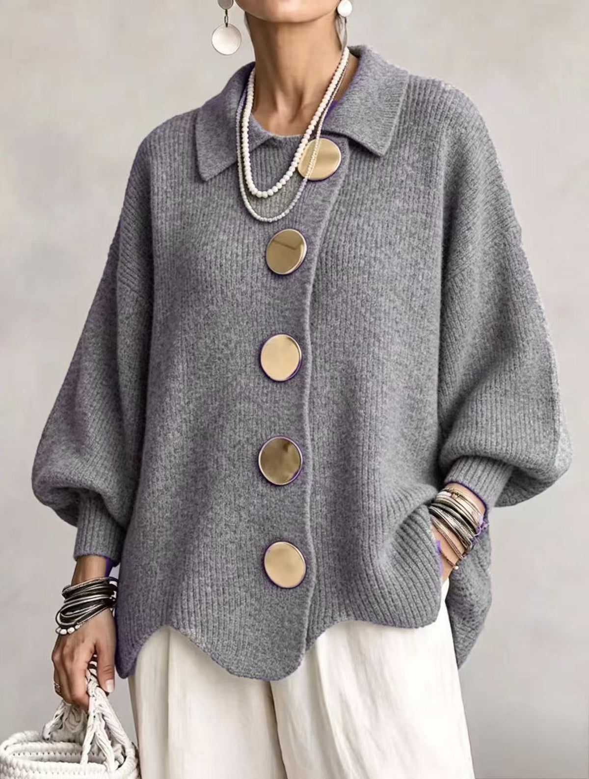 Women's Relaxed-Fit Long-Sleeve Knit Sweater with Button Detail — QIUOLA | qiuola.com