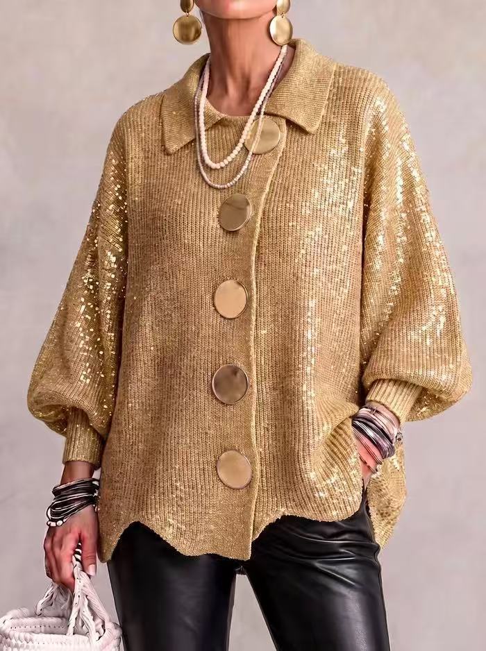 Women's Relaxed-Fit Long-Sleeve Knit Sweater with Button Detail — QIUOLA | qiuola.com